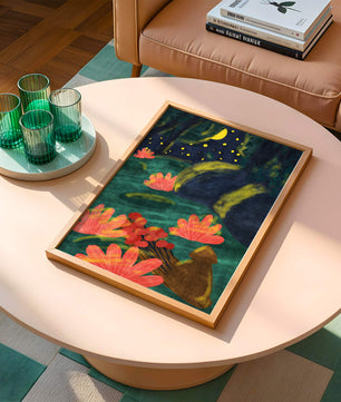 Mystical night garden with bright flowers and starlit sky