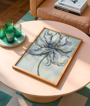 Elegant blue and green abstract floral artwork with flowing lines