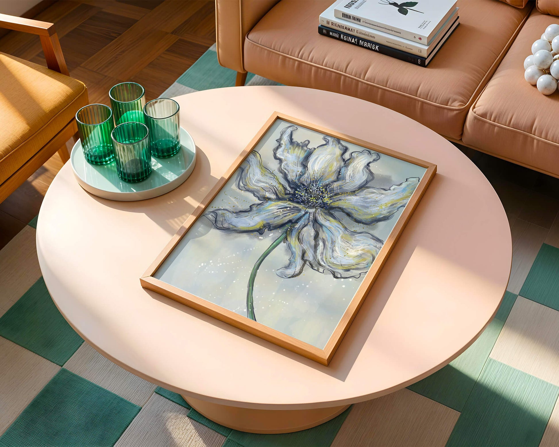 Elegant blue and green abstract floral artwork with flowing lines