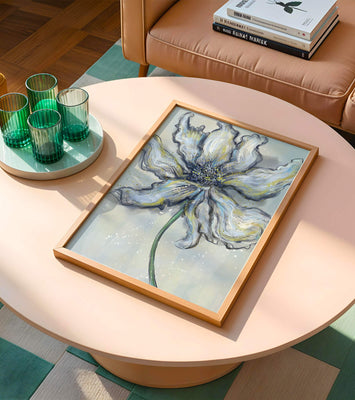 Elegant blue and green abstract floral artwork with flowing lines
