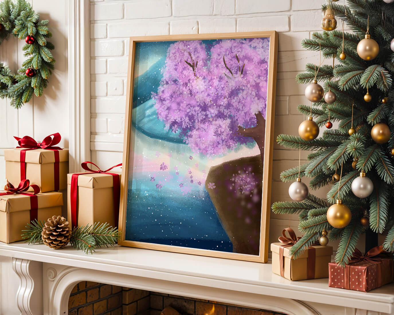 A Beautiful Cherry Blossom Tree in a Dreamlike Landscape