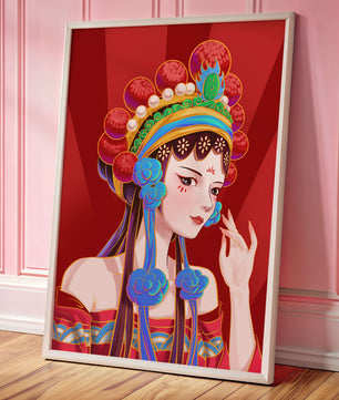 Traditional Asian art depicting stylized woman with ornate headdress
