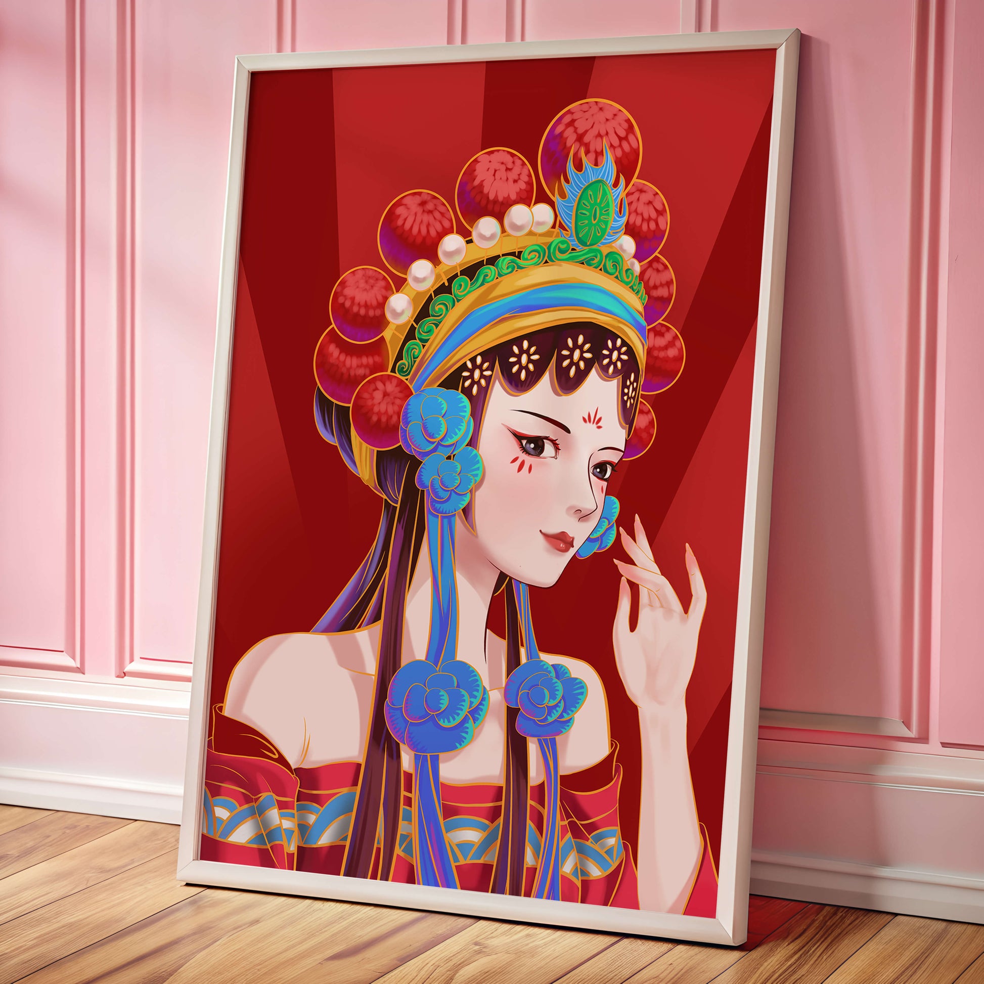 Traditional Asian art depicting stylized woman with ornate headdress