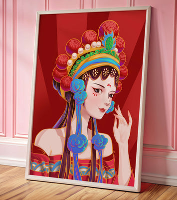 Traditional Asian art depicting stylized woman with ornate headdress