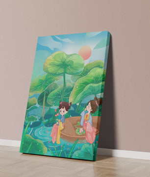 Charming illustration of children on a boat in a lush lotus pond