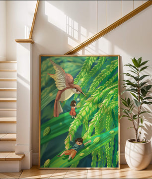 Aventure dans une jungle verdoyante avec des enfants et un oiseau