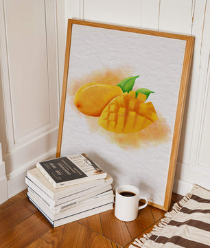 Watercolor depiction of a ripe mango with leaves on textured background