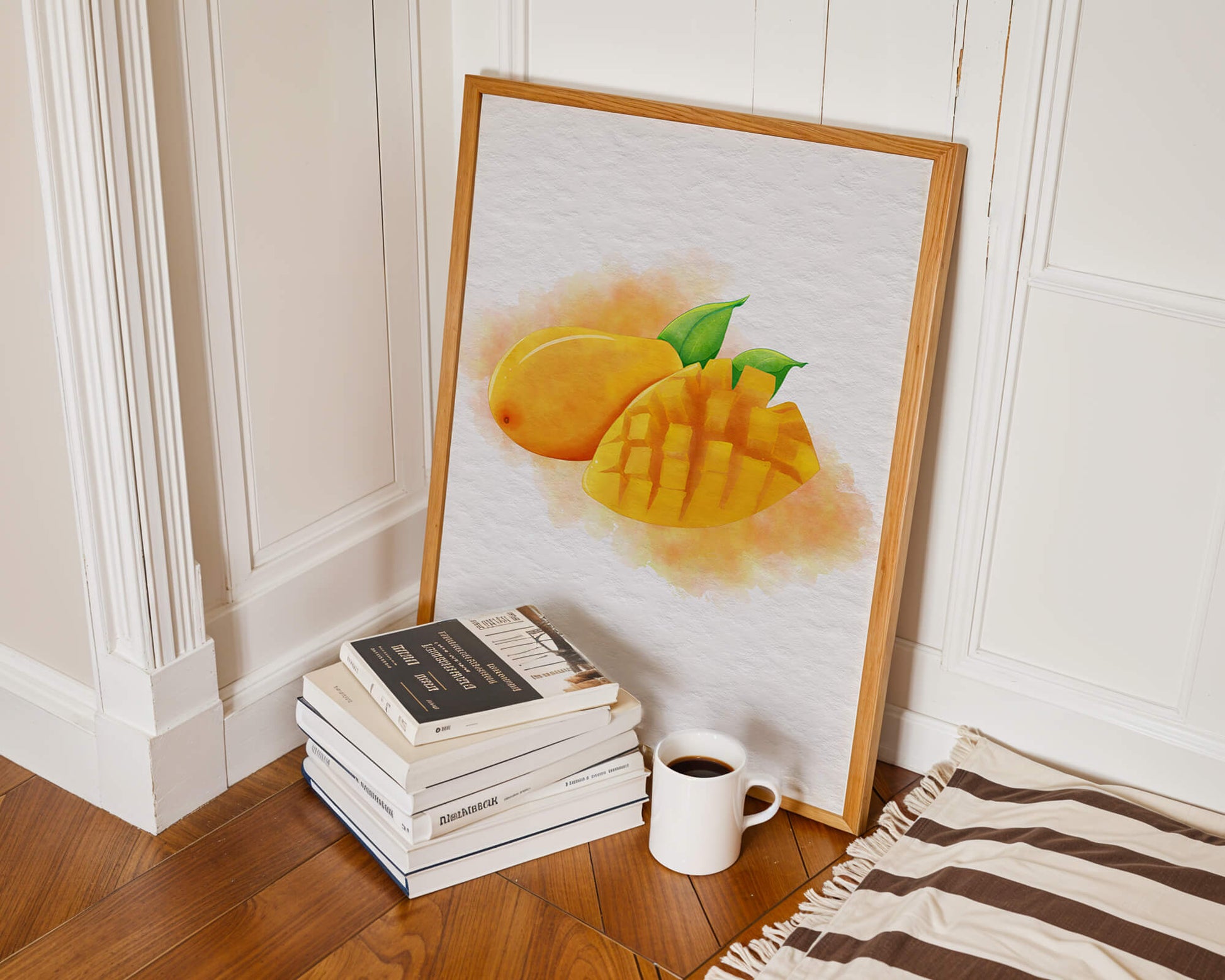 Watercolor depiction of a ripe mango with leaves on textured background