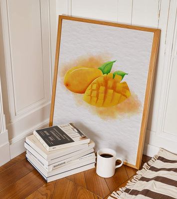 Watercolor depiction of a ripe mango with leaves on textured background