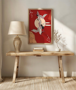 Elegant Asian-inspired artwork featuring flying cranes and cherry blossoms