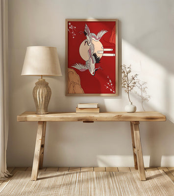 Elegant Asian-inspired artwork featuring flying cranes and cherry blossoms