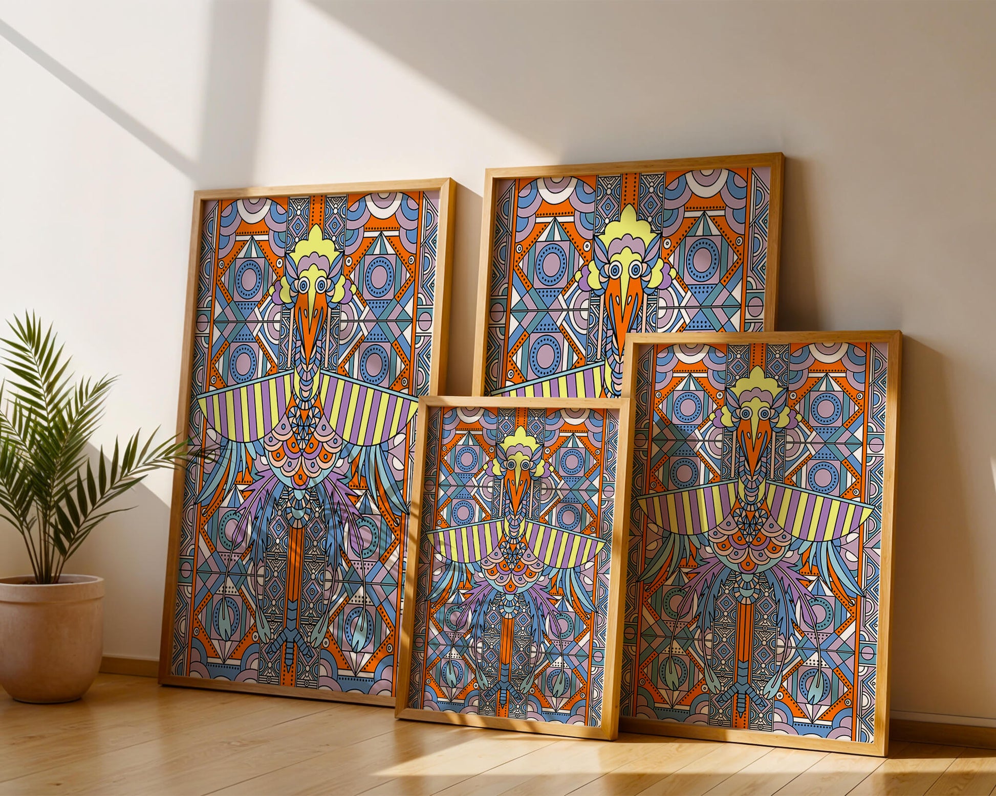 Arte geométrico de aves con patrones coloridos y detalles intrincados