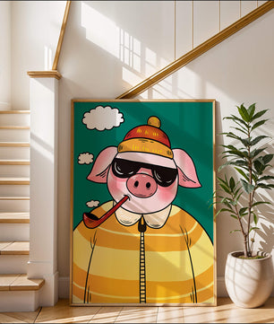 Cerdo elegante con gafas de sol y pipa contra un cielo turquesa