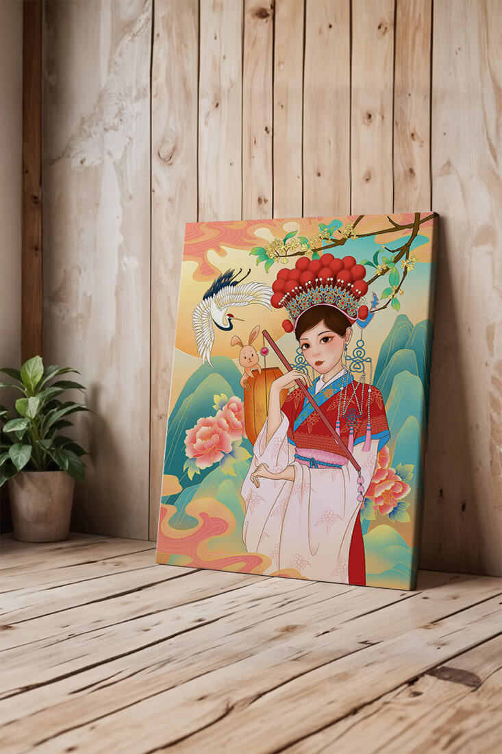 Elegant traditional Chinese illustration featuring a woman in vibrant attire with floral and animal motifs