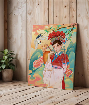 Elegante traditionelle chinesische Illustration mit einer Frau in lebendiger Kleidung mit Blumen- und Tiermotiven