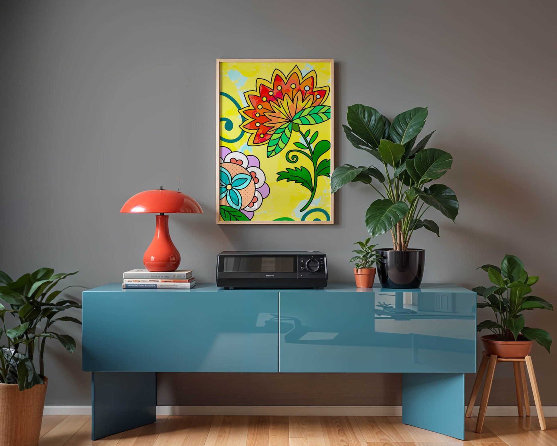 Colorful abstract floral illustration with bright yellow background
