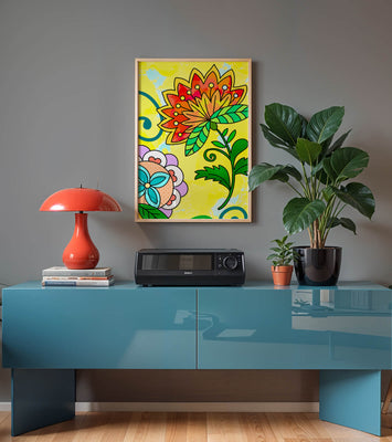Colorful abstract floral illustration with bright yellow background
