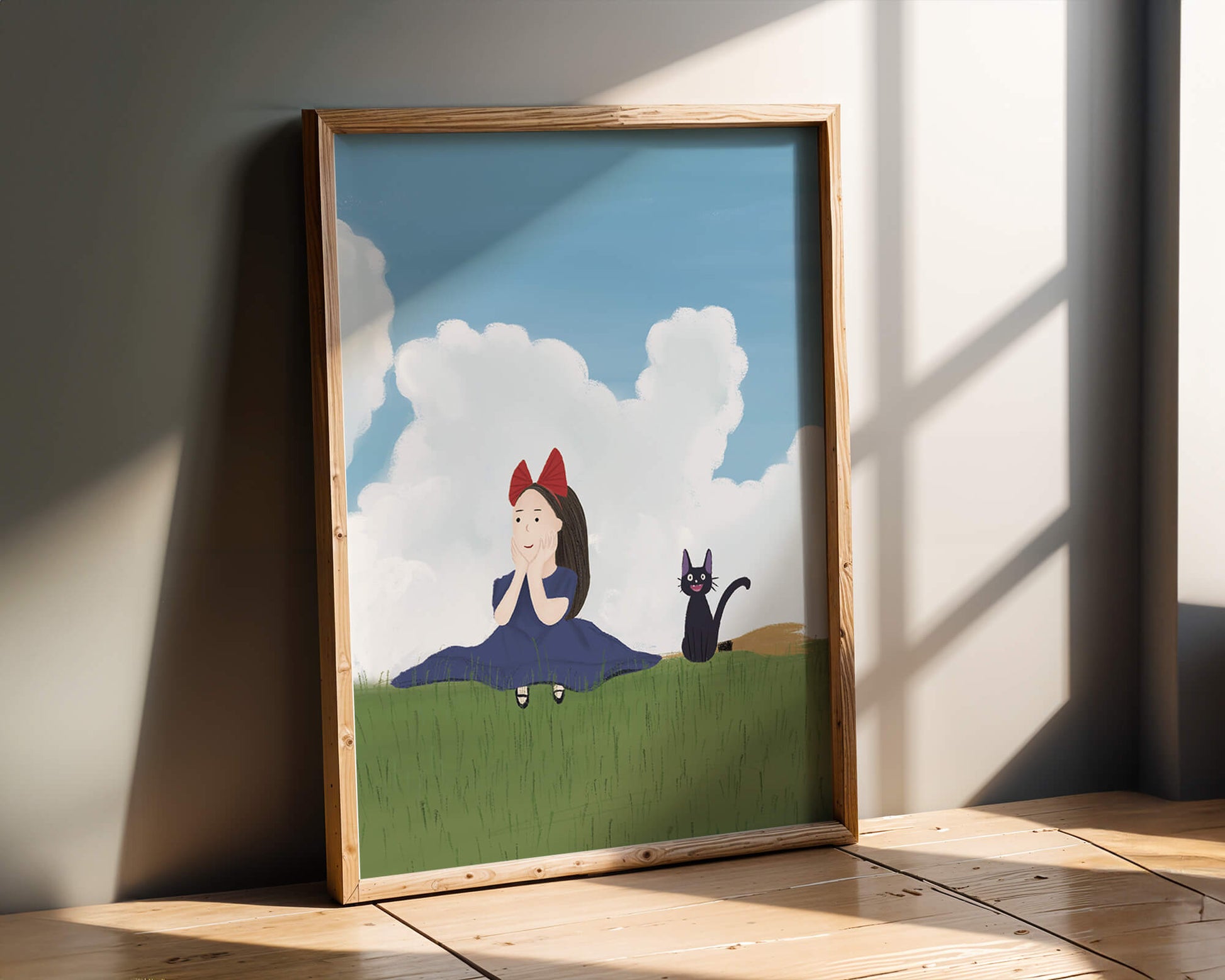 Girl with Red Bow and Cat in Lush Green Meadow