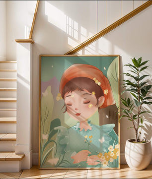 Ilustración serena de una chica en la naturaleza con flores y mariposas
