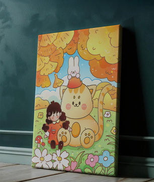Ilustración caprichosa de una niña, un gato y un conejo en un paisaje otoñal