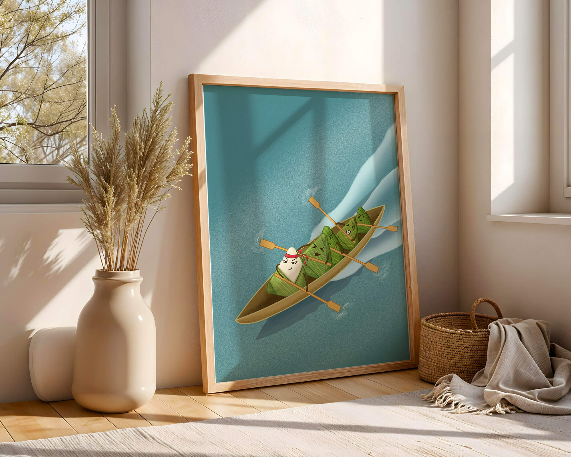 Charming illustration of rice dumplings rowing a boat with expressions