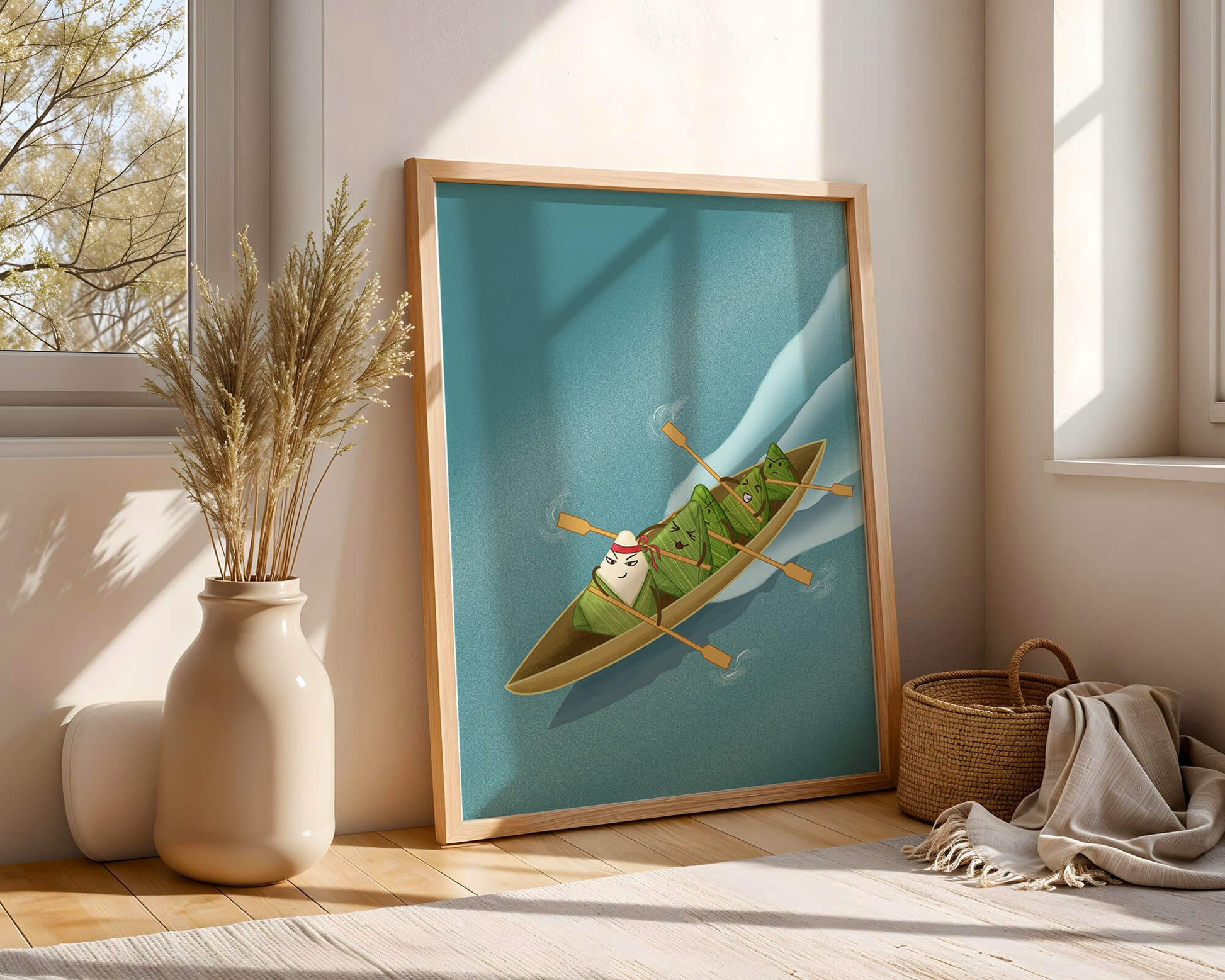 Charming illustration of rice dumplings rowing a boat with expressions