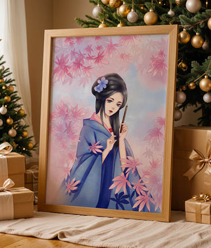 Ilustración elegante de una geisha con kimono azul y hojas rosadas