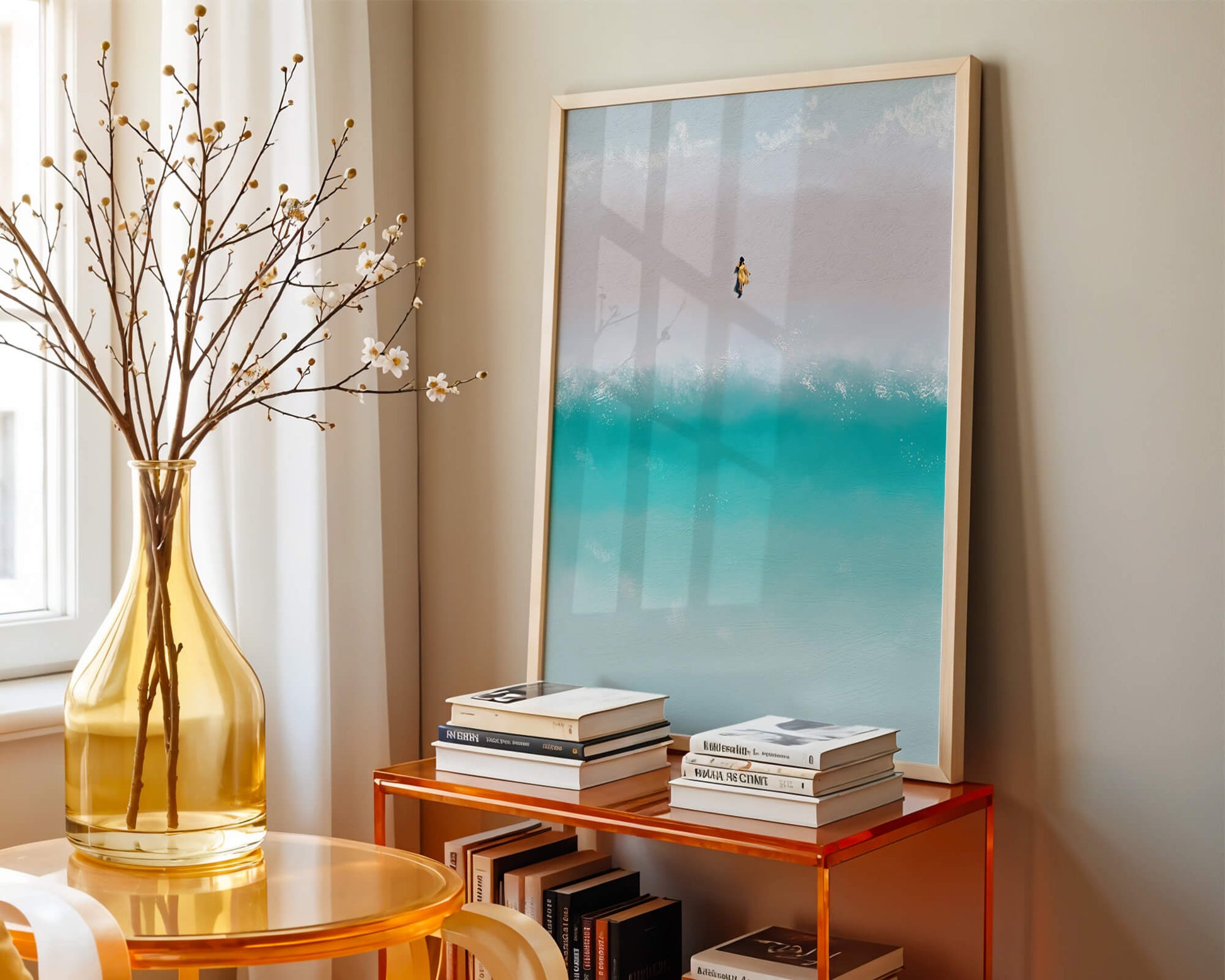 Serene beach with turquoise waves and solitary figure