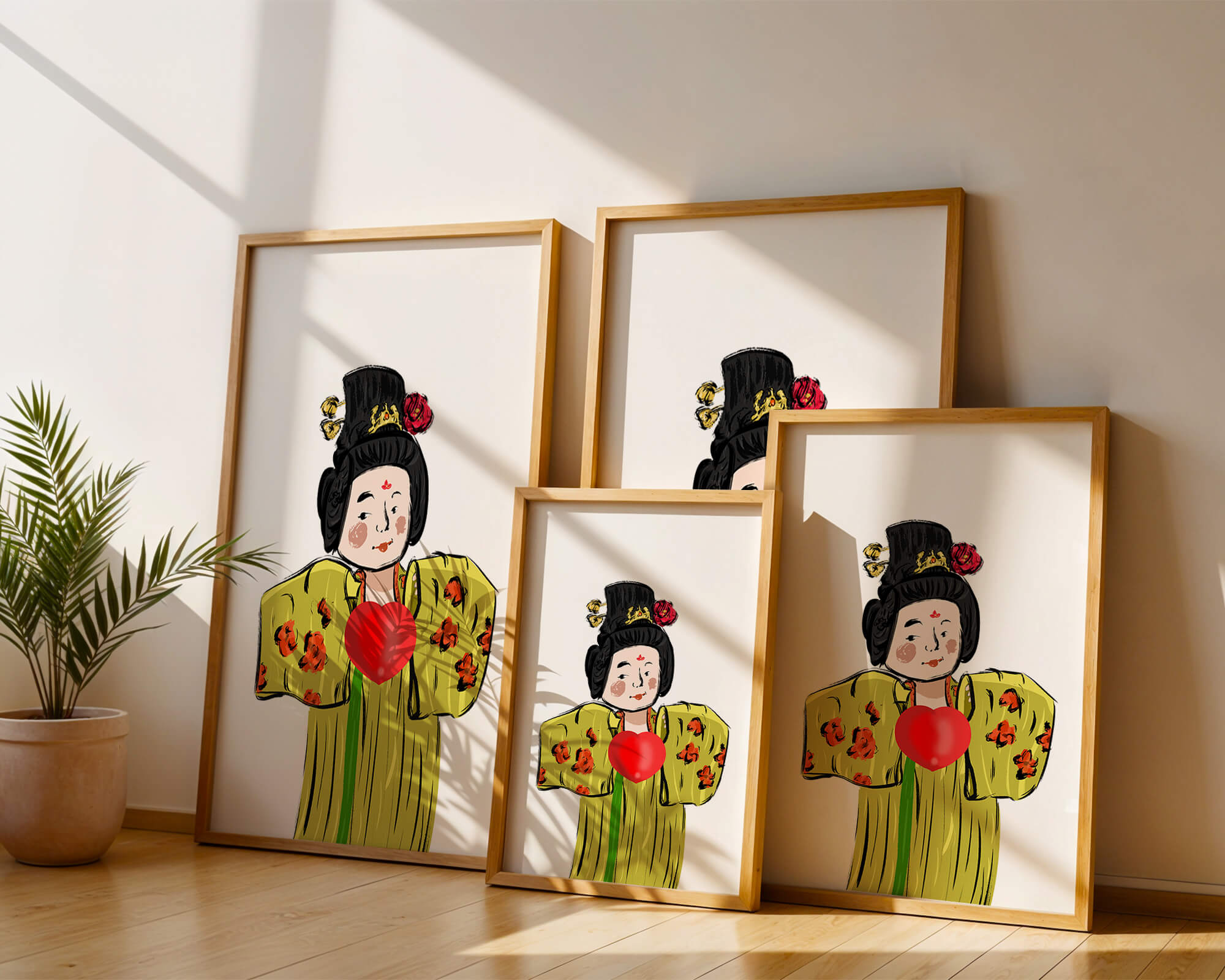Illustration of a traditional figure in vibrant attire with a heart symbol