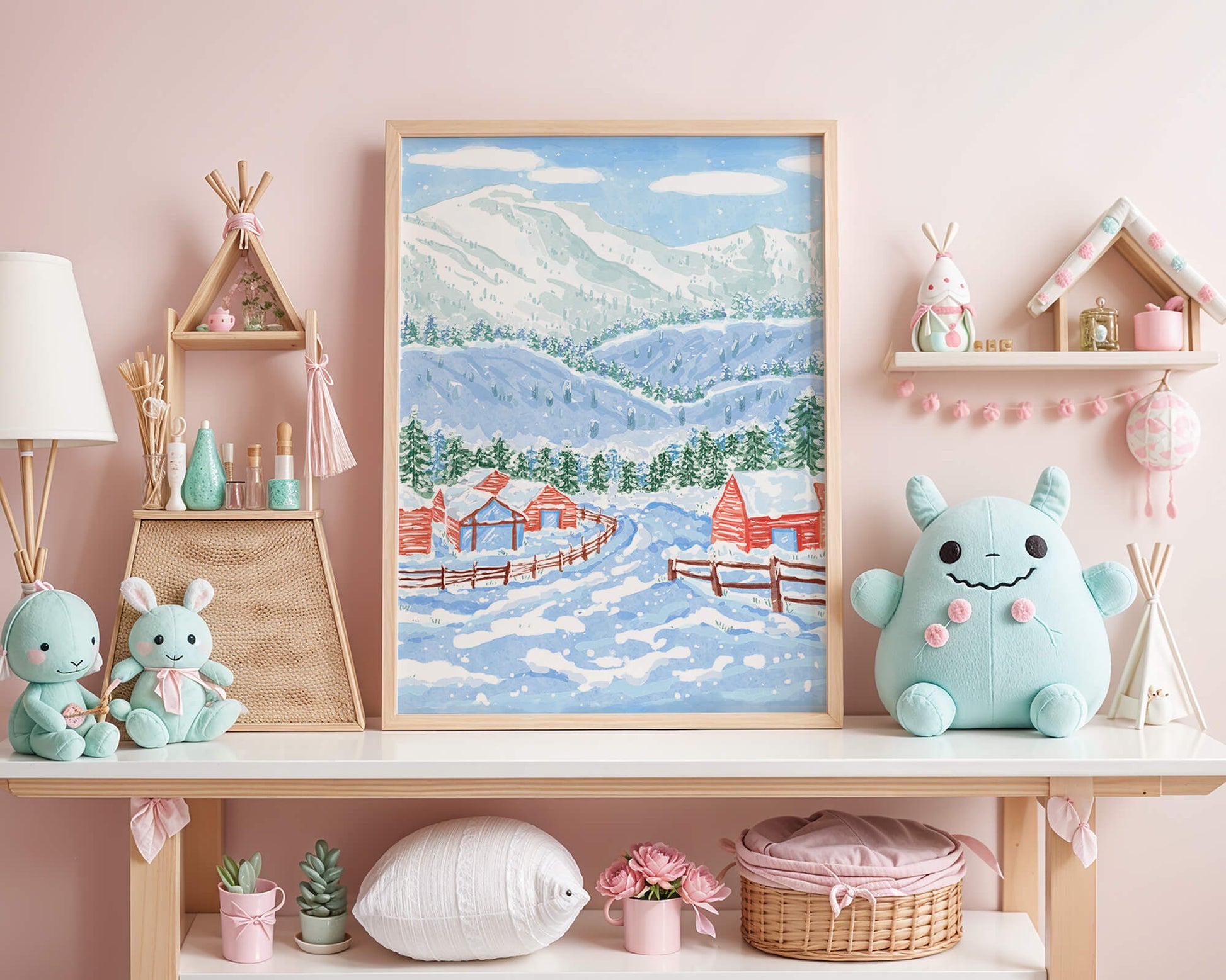 Charming snowy landscape with mountain view and cozy cabins