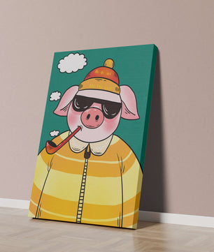 Cerdo elegante con gafas de sol y pipa contra un cielo turquesa