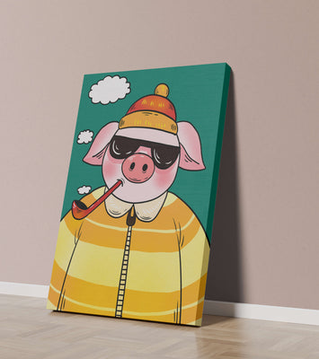 Stylish pig with sunglasses and pipe against a teal sky