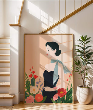 Elegant Woman with Floral Background and Scarf