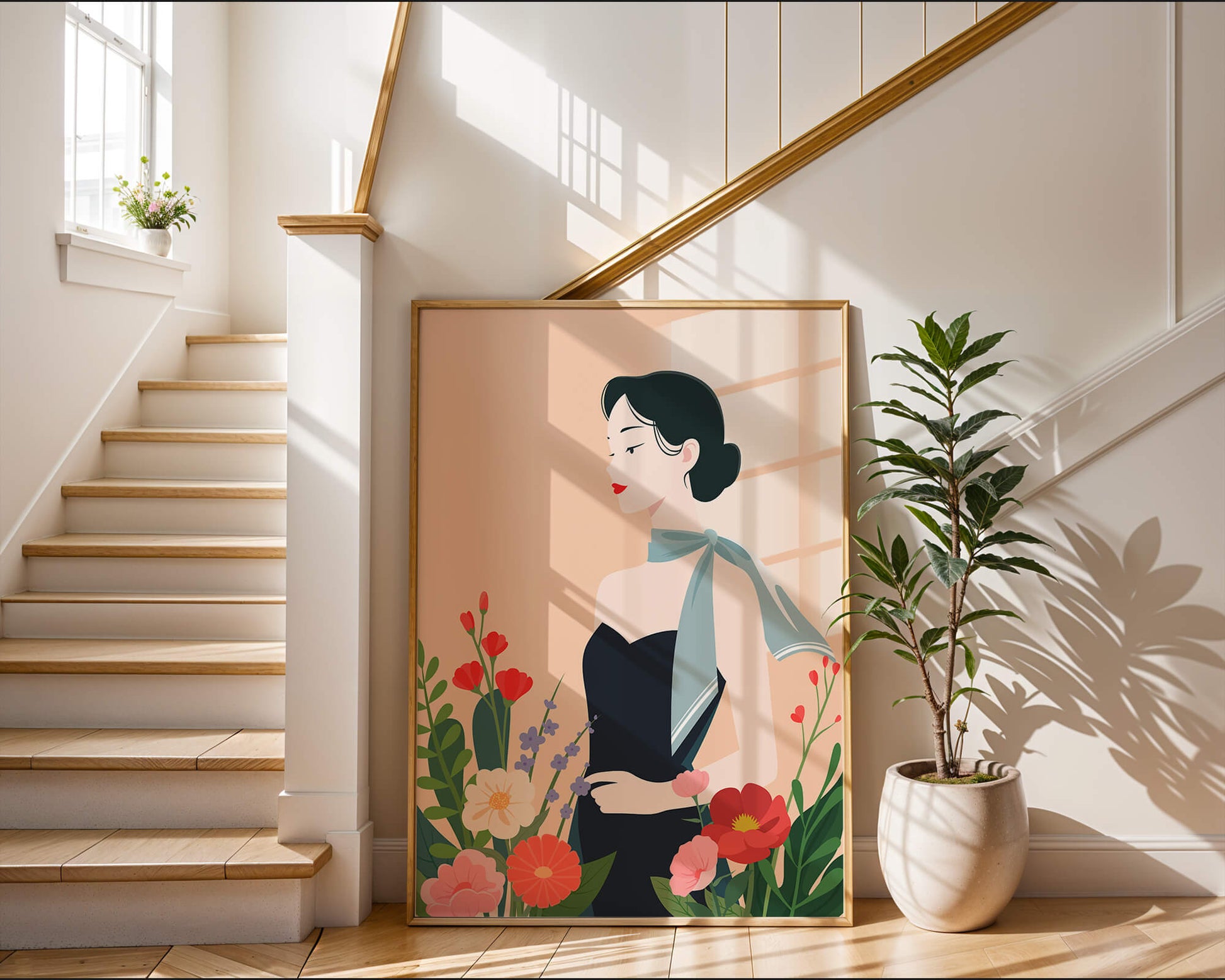 Mujer elegante con fondo floral y bufanda