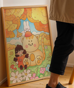 Ilustración caprichosa de una niña, un gato y un conejo en un paisaje otoñal