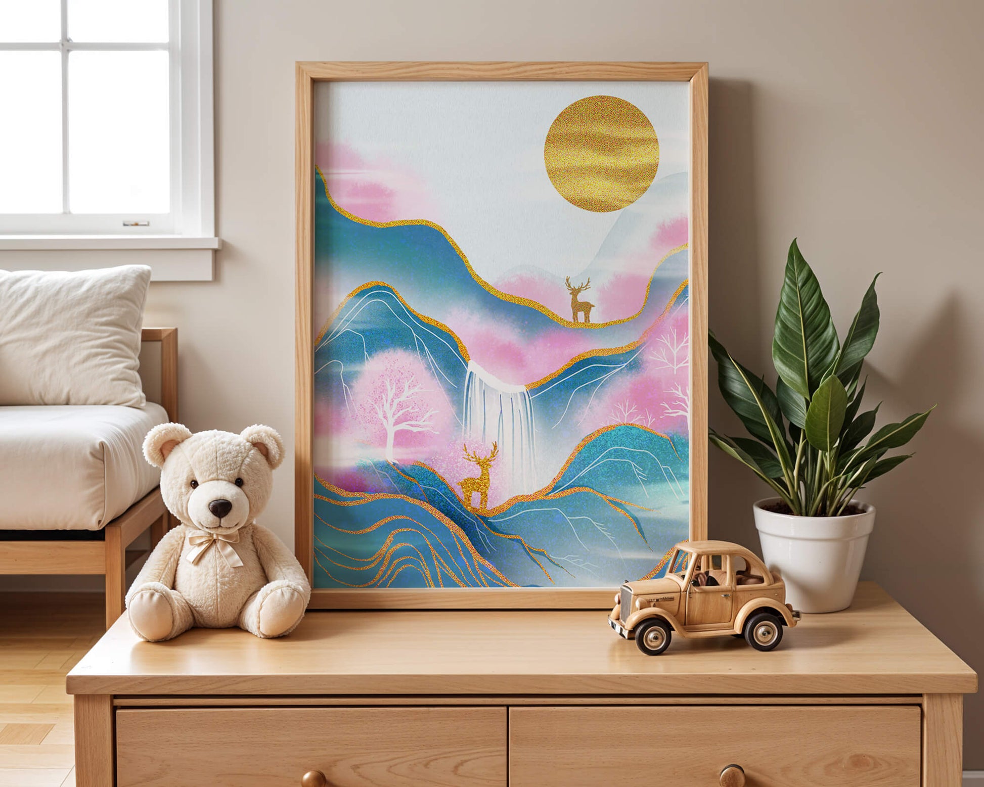Golden deer in a pastel mountain landscape with pink skies