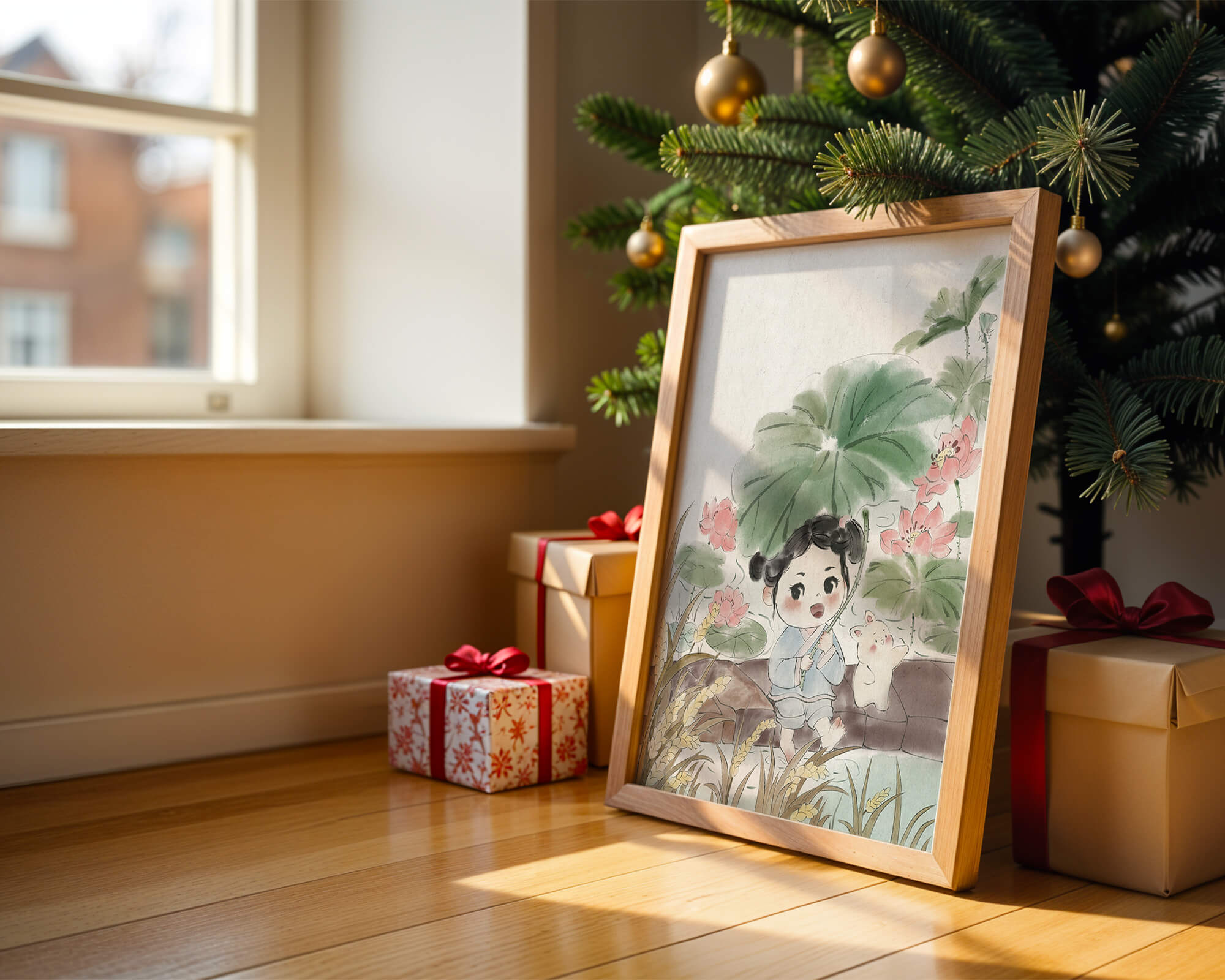 Charming illustration of a child with flowers and a bunny by the water