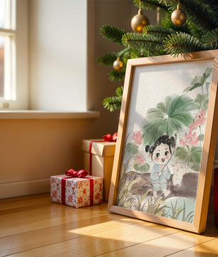Charming illustration of a child with flowers and a bunny by the water