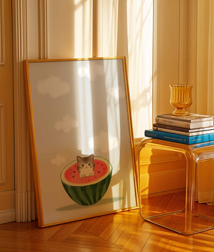 Whimsical art of a kitten in watermelon with clouds
