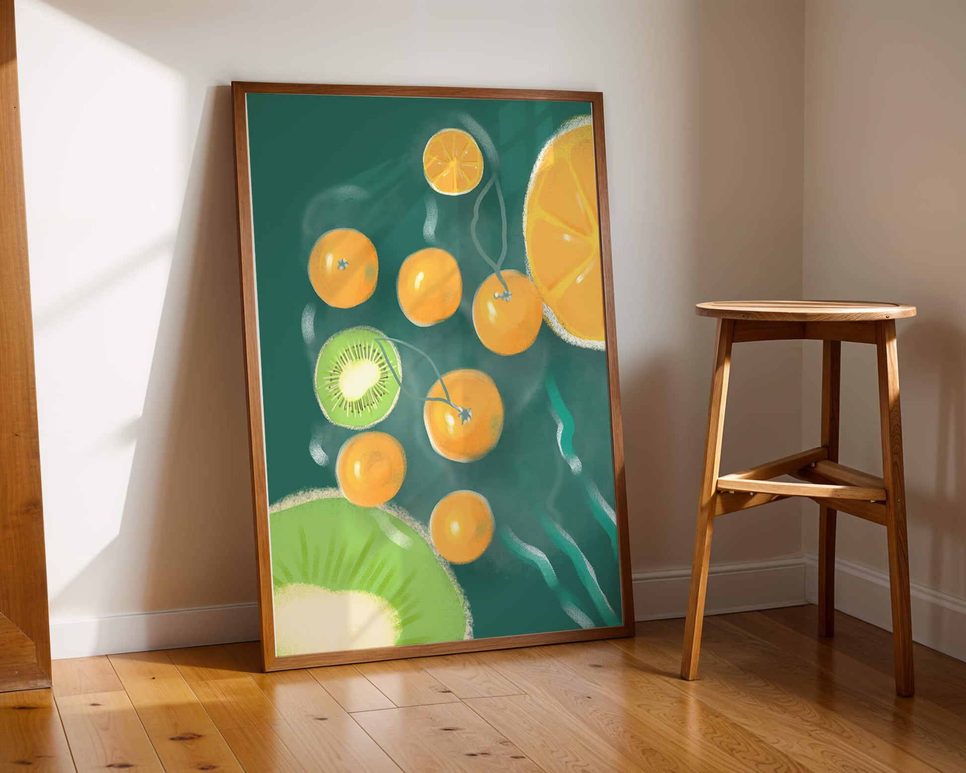 Vibrant kiwi and orange fruit pattern illustration