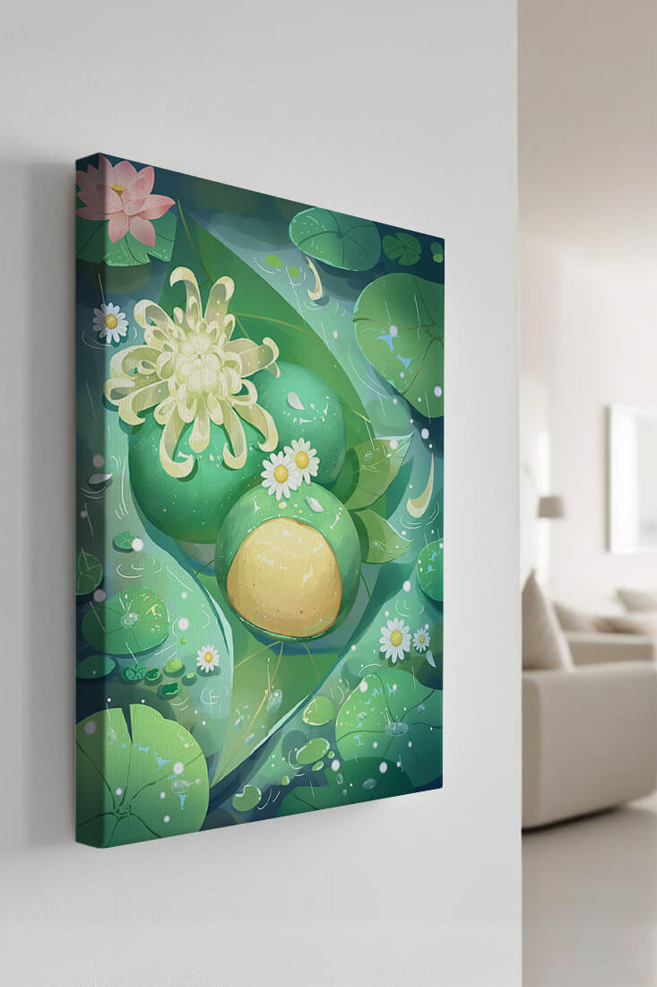 Lush aquatic scene with lotus flowers and green leaves