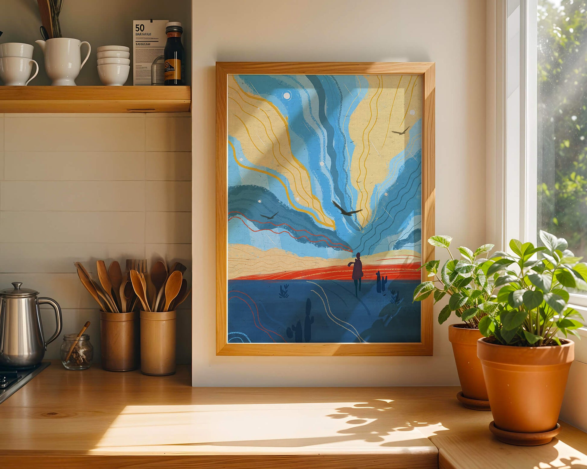 Colorful abstract landscape with figure and birds