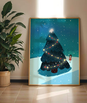 Winter scene with decorated Christmas tree and snowfall