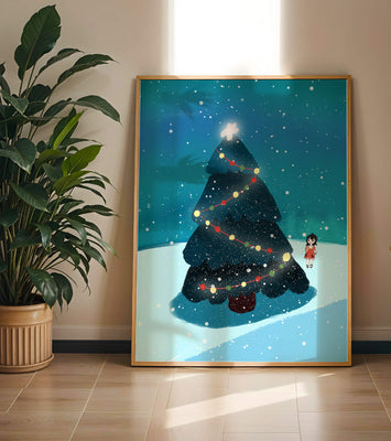 Winter scene with decorated Christmas tree and snowfall