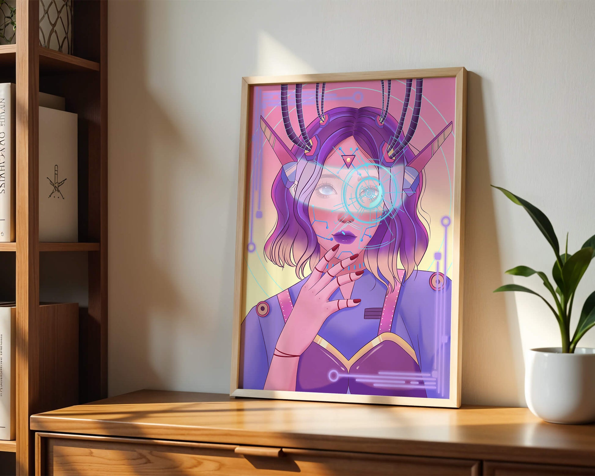 Futuristic digital art featuring a cybernetic woman with a holographic interface