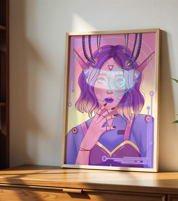 Futuristic digital art featuring a cybernetic woman with a holographic interface