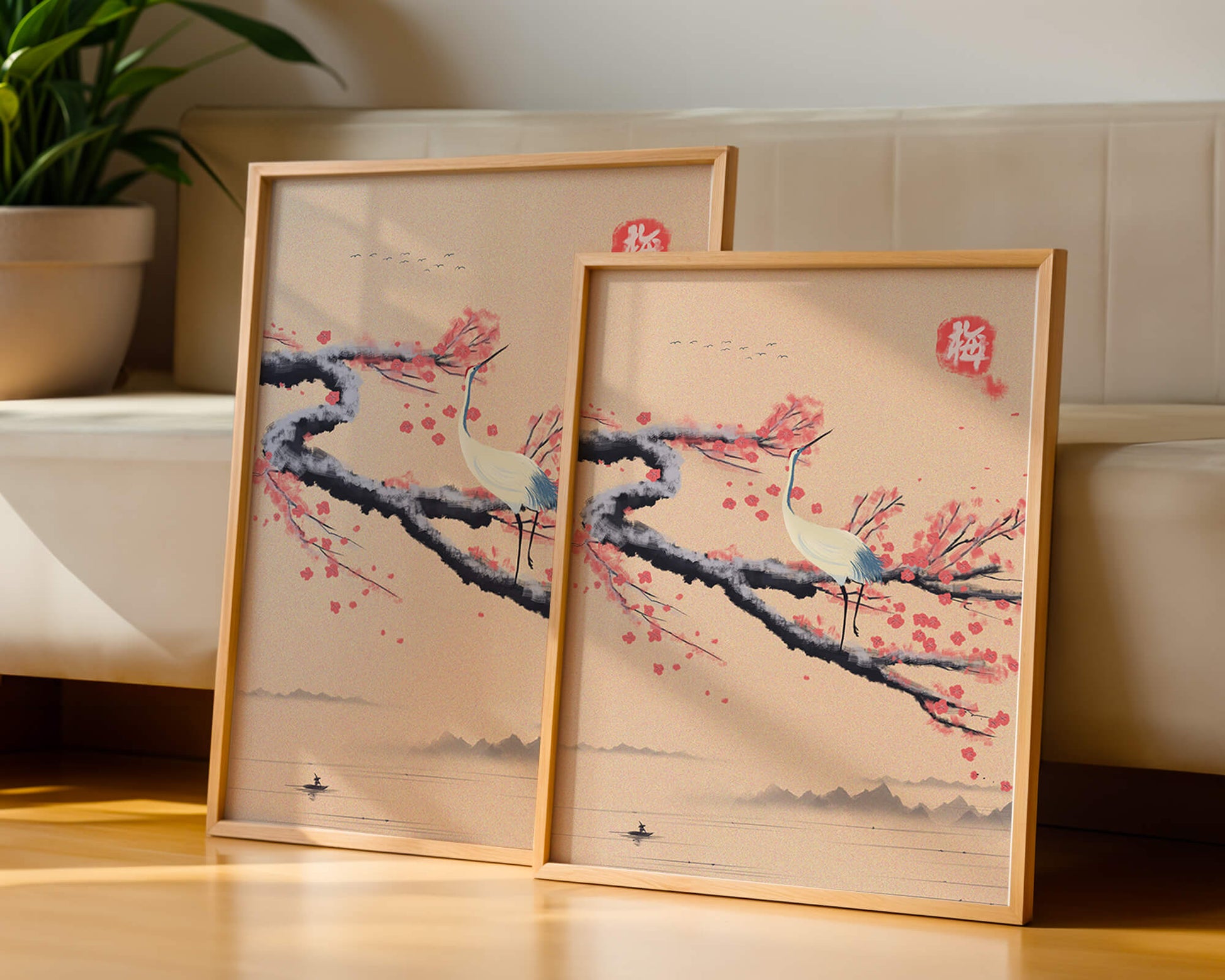 Elegant crane on cherry blossom branch with serene landscape