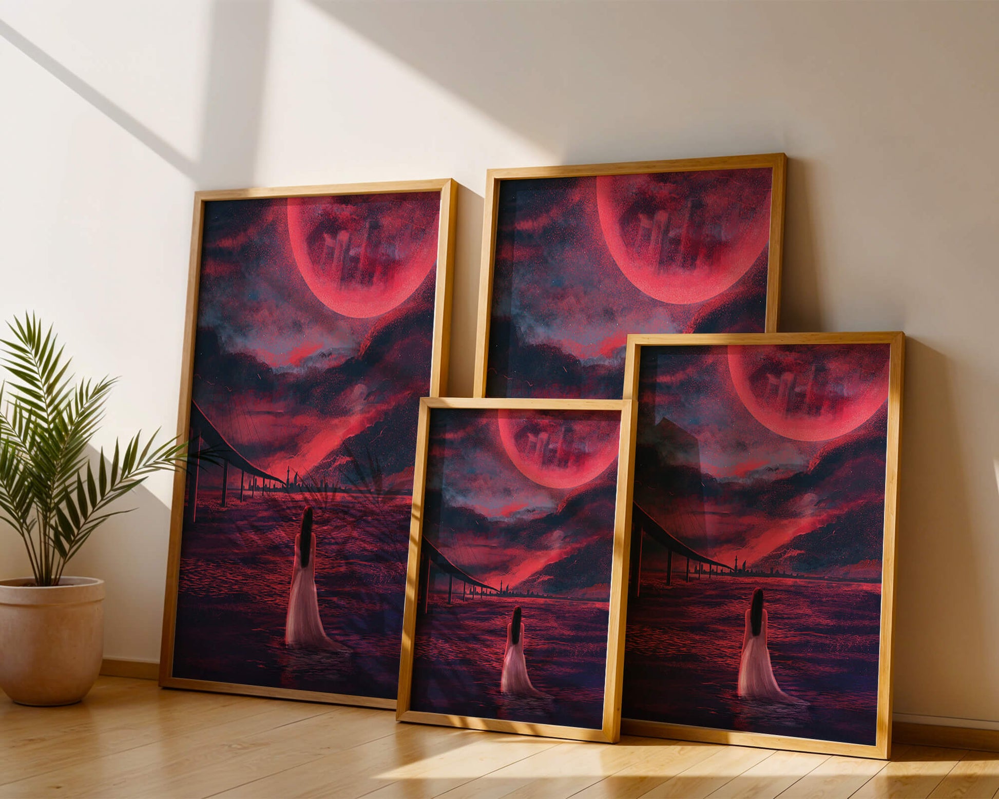 Dreamlike landscape with bridge and red night sky