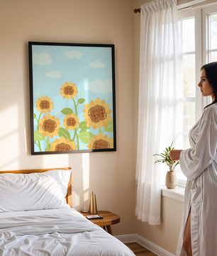 Sunflowers Under Blue Sky with Floating Clouds