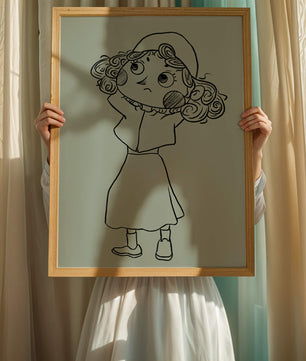 Hand-Drawn Illustration of a Thoughtful Cartoon Character with Curly Hair and a Beanie